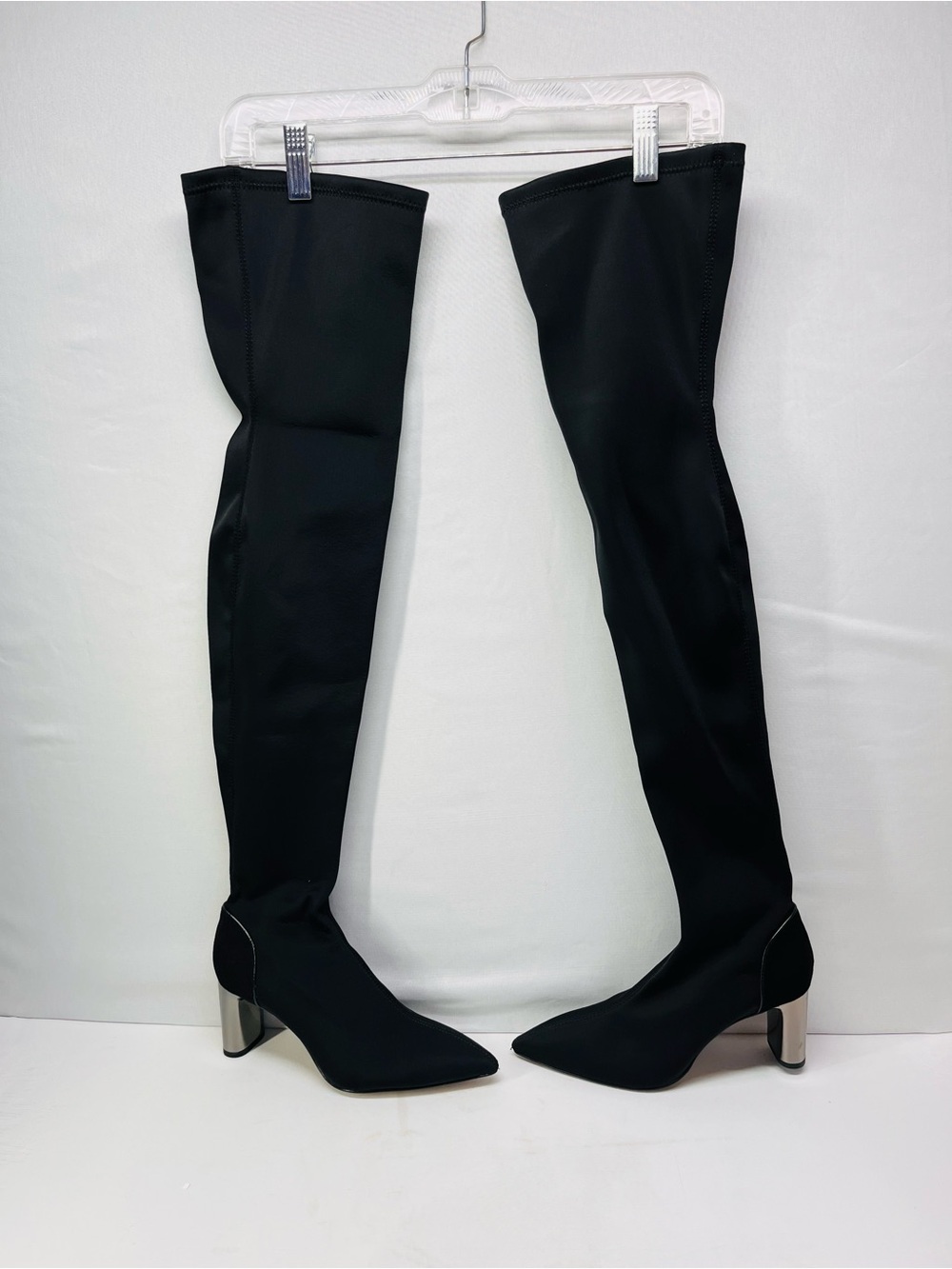 Zara Black Over-the-Knee Stretch Boots with Silver Block Heel